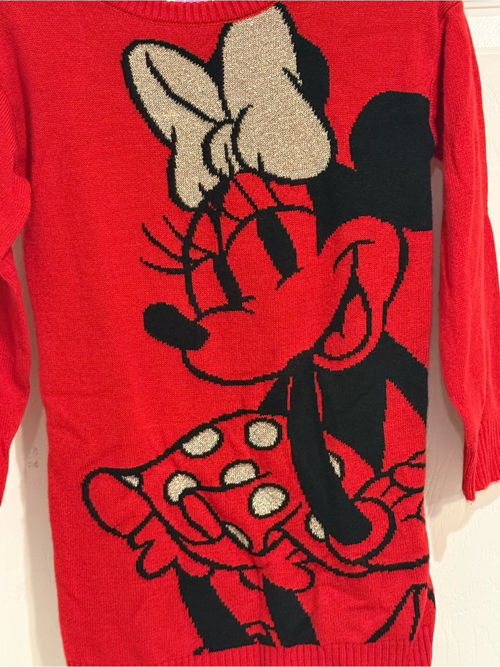 Disney Jr Minnie Mouse Red Sweater Dress Girls 3T Gold Bow Polka Dot - Picture 2 of 4